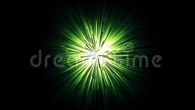 动画发光隧道与快速飞行绿色光条纹在黑色背景。 抽象运动背景。